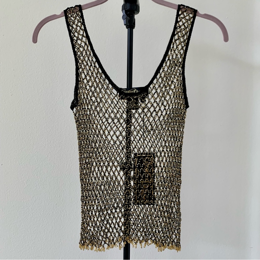 NWT Christine Phillipe Cali Couture Black & Gold Bead Crochet Top Sz M
